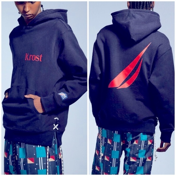 NWT Krost x Nautica Fair Winds Vented Hoodie Sweatshirt Blue Side Tie Sz L - Picture 1 of 16